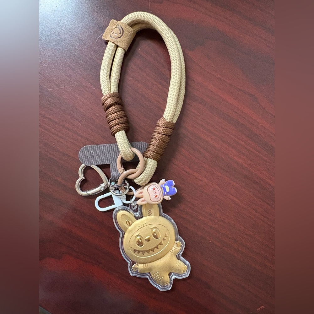 Cute Golden Monster Labubu Lafufu  Keychain Purse Backpack Charm Brown Strap